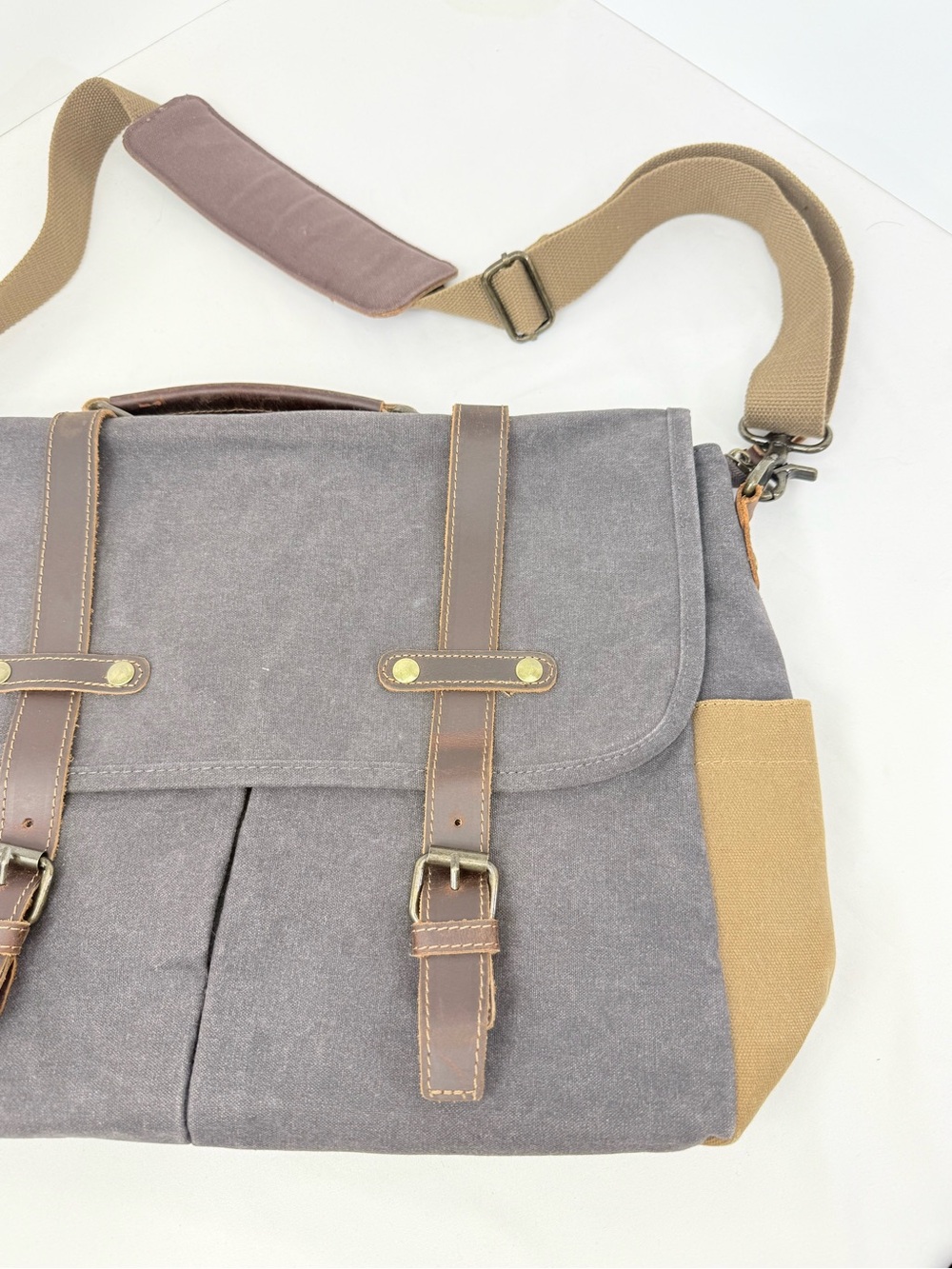 Newhey Gray Brown Thick Waxed Canvas Laptop Commuter Academic Satchel Bag - Picture 10 of 16